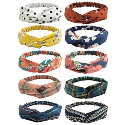 Afbeelding van DRESHOW 10 Stuks Boho Hoofdbanden voor Vrouwen Vintage Bloem Afgedrukt Criss Cross Geknoopt Elastische Haarband Stretchy Hoofd Wrap Gedraaide Schattig Haar Accessoires