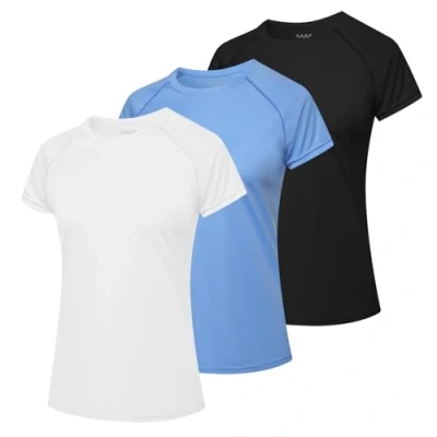 Afbeelding van MEETWEE Zwemshirts voor vrouwen, T shirt met korte mouwen, atletische casual tops, sneldrogend, UPF 50+, hardlopen, surfen, training, yoga, zon, shirts, Blauw+zwart+wit, L