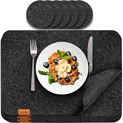 Afbeelding van placemat afwasbaar van vilt incl. glas onderzetters set 12 Afwasbare 44 x 32 cm vilten antraciet Tafelmat placemats