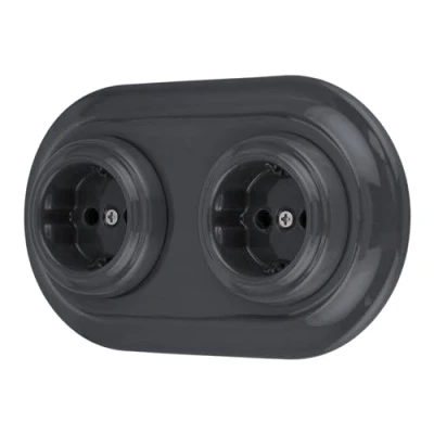Afbeelding van Inbouw porselein retro stopcontact 2 voudig, All in One, SET serie PR1 donkergrijs