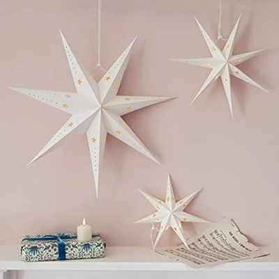 Afbeelding van Lights4fun Set van 3 led sterren papier vouwster kerstdecoratie binnen op batterijen timer kerstster lichtsterren kinderkamer