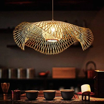 Afbeelding van Retro hanglamp, vintage, bamboe, rotan, kroonluchter, handgeweven in hoogte verstelbaar, E27 restaurant, woonkamer, slaapkamer, binnenverlichting, decoratieve hanglampen