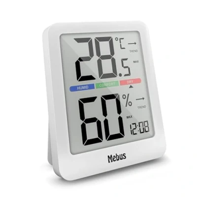 Afbeelding van MEBUS digitale Klimastation mit Innenthermometer und hygrometer, Uhr, Komfortindikator für perfekte Raumtemperatur, Displaybeleuchtung, Min Max Funktion, Trendanzeige, Farbe: Weiß, Modell: 40928