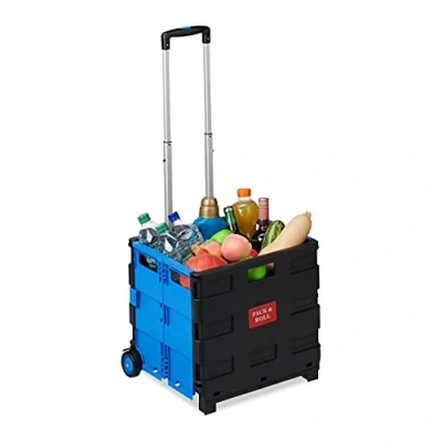 Afbeelding van Relaxdays boodschappentrolley vouwkrat krat op wielen boodschappenkar inklapbaar blauw