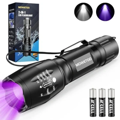Afbeelding van MOWETOO UV lamp 2 in 1 zaklamp, led zaklamp zwart licht en wit licht, ultraviolette 395 nm 4 modi, valse bankbiljettendetector, hondenurine, accessoires