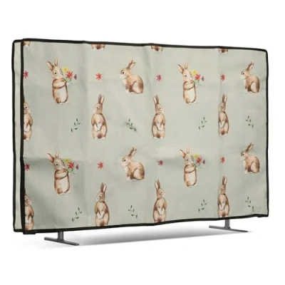 Afbeelding van kwmobile stoffen beschermhoes televisie TV hoes geschikt voor 49 50&quot; Afdekhoes van linnen In wit / bruin grijsgroen Konijntjes en Bloemen design