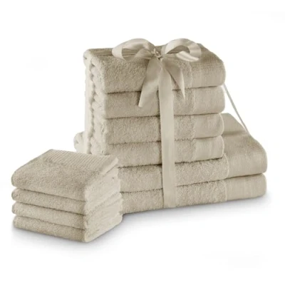 Afbeelding van AmeliaHome Handdoekenset beige 4 gastendoekjes 30x50 cm handdoeken 50x100 en 2 badhanddoeken 70x140 100% katoen kwaliteit absorberend cappuccino Amari