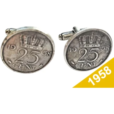 Afbeelding van Manchetknopen Kwartje 1958 Verzilverd Uniek en Stijlvol Sieraad met Jaartal Cadeau Geboortejaar Alle Jaartallen Beschikbaar Doorsnede 1,8 cm