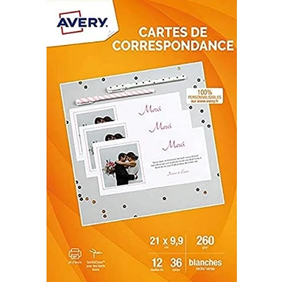 Afbeelding van Avery C235812 36 x Compliment kaarten met gladde randen matte look 260 g/m2 voor inkjetprinters, 210 99 mm