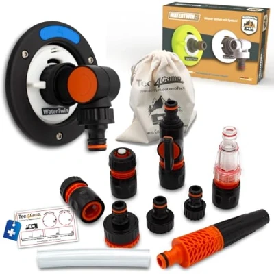 Afbeelding van MaJoCompTec® WaterTwin Tankdeksel met wateraansluiting, watertankdeksel, vuladapter voor watervulopening, camper en caravanaccessoire (FLEX versie + aansluitset, adapter 3 pins D:78)