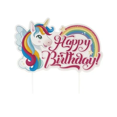 Afbeelding van dekora Taarttopper Eenhoorn Tesia Hartelijk Gefeliciteerd Papieren Taartdecoratie 17,5 x 15 cm