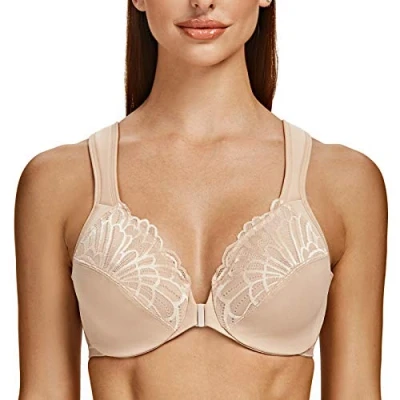 Afbeelding van MELENECA Dames beha voorsluiting grote maten met beugel kant zonder vulling Licht beige 105E