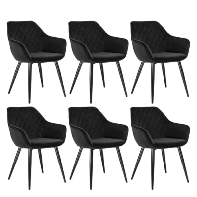 Afbeelding van WOLTU BH153sz 6 set van design woonkamerfauteuil, eetkamerstoelen met armleuning fluwelen zitting metalen poten, zwart