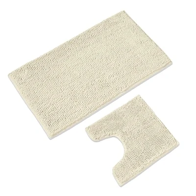 Afbeelding van WohnDirect Badmatset, 2 delig, crème, wc mat (45x45cm), badmat (50x80cm), antislip, wasbaar, badkamertapijt met uitsparing