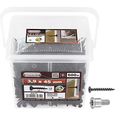 Afbeelding van Connex Snelbouwschroeven 3,9 x 45 mm 600 stuks Met grove schroefdraad trompetkop PH Phillips aandrijving Zwart gefosfateerd Incl. Dieptestop/gipsplaten/Schroef emmer / B30127