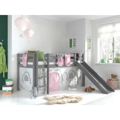 Afbeelding van LUCEVI Pino Halfhoogslaper + Ladder Glijbaan Birdy Gordijntjes 3 Zakjes Grijs 90x200 cm