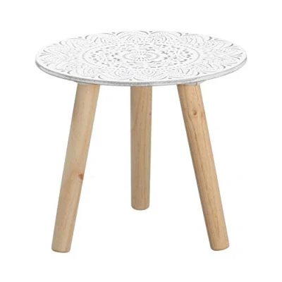 Afbeelding van Spetebo Kleine bijzettafel 30x30 cm wit/natuur met decor decoratieve houten tafel salontafel bloemenkruk