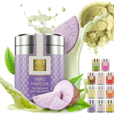 Afbeelding van Tea Uniqo Taro matcha poeder, latte poeder met tarowortelsmaak, ideaal voor bubbelthee of puur, zonder kunstmatige kleurstoffen in een luxe doos