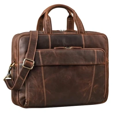 Afbeelding van STILORD &#039;Jaron&#039; Vintage lederen tas leer mannen vrouwen 15,6 inch laptop schoudertas grote aktetas werk office uni echt runderhuid, Kleur:soria bruin