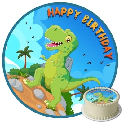 Afbeelding van J&amp;M DECO Taarttopper Verjaardag Decoratie Dino Motief Taart Topper Eetbare Papieren Fondant Rond 20 cm Taartdecoratie Eetbaar Cake Birthday Decoration