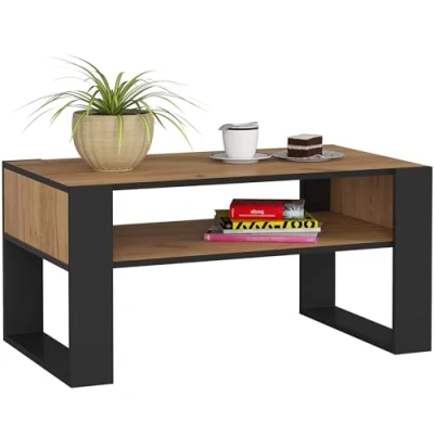 Afbeelding van AKORD Domi Salontafel met poten een plank, koffietafel, moderne lage tafels, wooncultuur, 92 x 45 53 cm, ambachtelijk eiken en zwarte voorkant