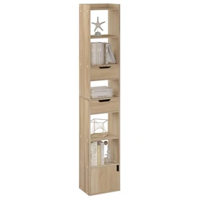 Afbeelding van WOLTU SK042hei Boekenkast, staand opbergrek met 6 legplanken, 2 laden en 1 deur, van houtmateriaal, voor woonkamer, slaapkamer, bureau, licht eiken