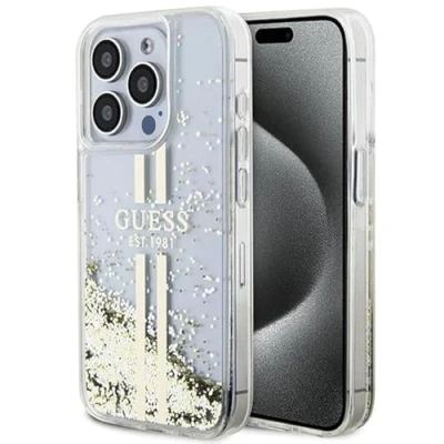 Afbeelding van Guess Liquid Glitter Gold Stripe Back Case Apple iPhone 15 Pro (6.1&quot;) Transparant