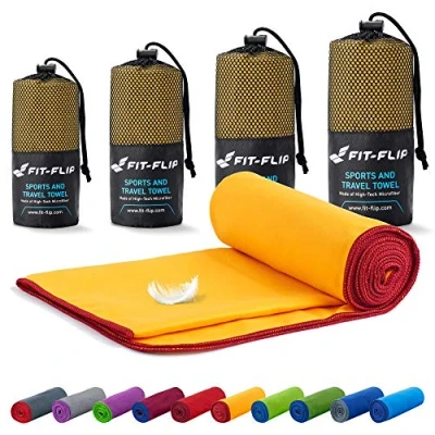 Afbeelding van Fit Flip Reishanddoeken set 16 kleuren, 6 afmetingen de perfecte sporthanddoek, strandlaken en reishanddoek (80x40cm 1 Stuk, Geel wijnrode rand)