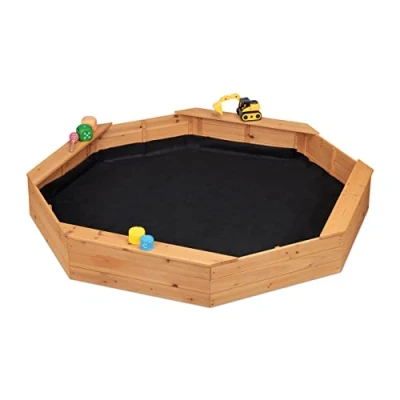 Afbeelding van Relaxdays zandbak met worteldoek houten kinderzandbak tuin 4 zitjes achthoekig
