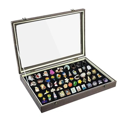 Afbeelding van Qivine Fluwelen reversspeld vitrine, sieradenkistje, pin vitrine van hout met helder acryl venster, juwelendoos voor muntenvitrine, medailles, pinnen, ringen, badge, weergave en opslag, 35 x 24 5 cm