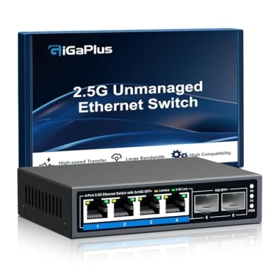 Afbeelding van 6 poorts 2.5Gb onbeheerde Ethernet switch met 4*2.5G Base T poorten, 2*10G SFP+ poorten. GiGaPlus 2.5Gbps netwerkswitch voor NAS/PC, WiFi6 router, draadloos AP