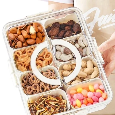 Afbeelding van HOSPAOP Snackborden met vakken, snackschaal deksel, kunststof snackkommen, set, lekvrij, snacktablet organizer voor snoep, vegie, koekjes, noten, desserts en fruit