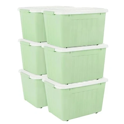 Afbeelding van Cetomo 80L x 6 opbergdozen met wielen, plastic opbergdoos deksel, vergrendelingsgespen, kliksluiting, stapelbaar, nesten, duurzame organizer voor thuiskantoorkleding, groen, stuks