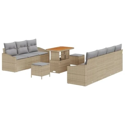 Afbeelding van vidaXL 10 delige Tuin Sofa Set met Kussens Beige Poly Rattan Acacia, 2 zits Rattan, 3 Eet Acacia