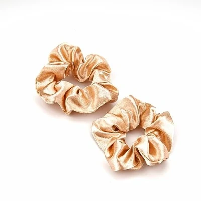 Afbeelding van Set van 2 haarelastiekjes voor vrouwen, zijdezacht, elastisch, hoogwaardig satijnen paardenstaarthouder, lang, fijn en dik krullend haar, meisjes, grijs, goudkleurig (Champagne Gold)