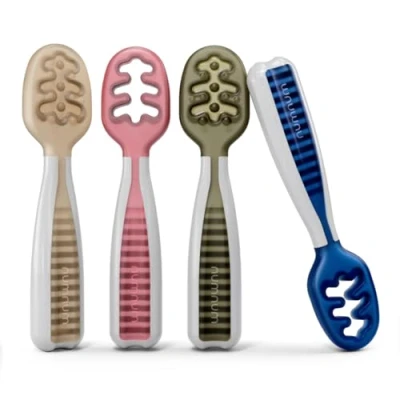 Afbeelding van NumNum Babylepel, siliconen eetlepel voor baby&#039;s vanaf 6 maanden, BPA vrij, leerlepel en paplepel BLW aanvullende voeding, ideaal eetbestek, 4 lepels, neutrale kleuren