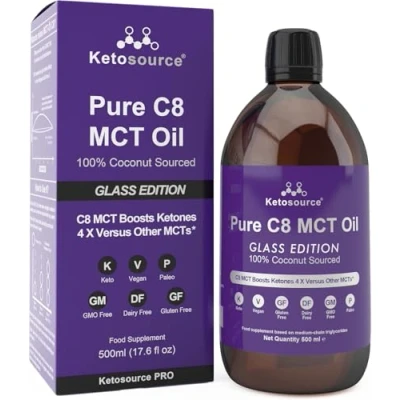 Afbeelding van Pure C8 MCT olie in glazen fles 100% recyclebaar glas Hoogste zuiverheid 99,8% Keto Professional ontworpen Lab getest Geschikt voor veganisten en paleo&#039;s Vrij gluten, Zuivel &amp; GMO Ketosource®