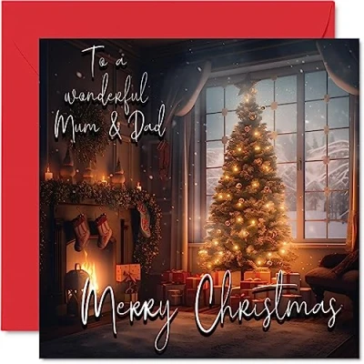 Afbeelding van Traditionele Happy Christmas Card Merry To Mum &amp; Dad Xmas uit het hele gezin, 145mm x Single Wenskaarten Gift