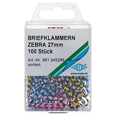 Afbeelding van Wedo 901245299 paperclips zebra metaal (met gestreepte kunststof bekleding, 27 mm, 100 stuks, diverse kleuren