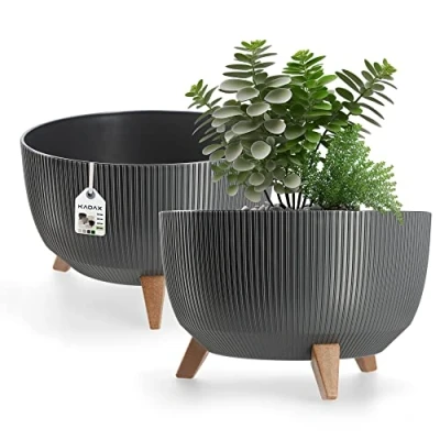 Afbeelding van Kadax Bloempot, van kunststof, met drie insteeksteunen, rond, bloemenschaal, plantenbak, bloembak, voor balkon, woonkamer, 40 cm diameter, antraciet