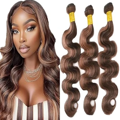 Afbeelding van Tuheerst 3 Bundles Human Hair Real Body Wave Extensions for Women P430 Highlight Brown Doubles Weft No Semll Brazilian Remy 20 Inches