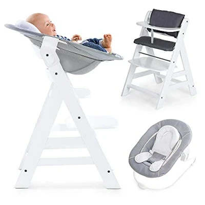 Afbeelding van hauck Kinderstoel Alpha Plus Newborn Set 4 delige Houten Meegroeistoel vanaf de Geboorte incl. Wipstoeltje, Zitkussens en Gordel Wit