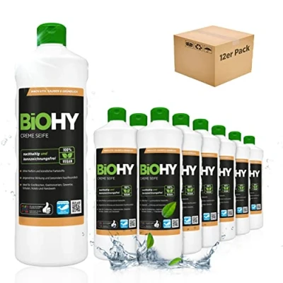 Afbeelding van BiOHY Crème zeep (12 x 1l Fles) Zachte, vette en reukloze handzeepvuller uit de groentesector PHOSPHATFREI Zonder parfum kleurstoffen (Creme Seife)