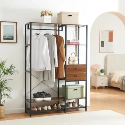 Afbeelding van Kledingkast Larem open kast 180x120x40 cm zwart en walnootkleurig [en.casa]
