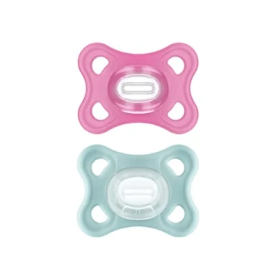 Afbeelding van MAM Comfort fopspeen in set van 2, 100% siliconen, met fopspeenzak, 2 6 maanden, roze en grijs groen