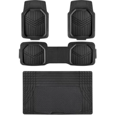 Afbeelding van Amazon Basics Vloermatten voor in de auto, 4 stuks, heavy duty, universeel, pvc, kunstrubber, met cargo liner, weer en waterbestendig, auto&#039;s, SUV&#039;s, sedans, vrachtwagens, zwart