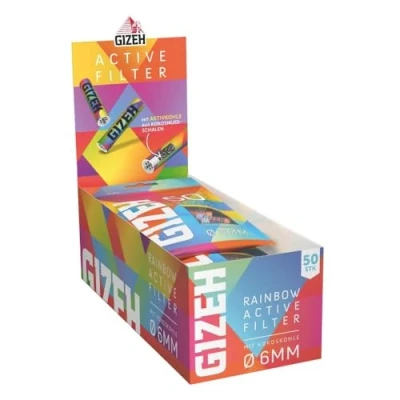 Afbeelding van GIZEH Rainbow Active filter, actieve koolfilter, 6 mm diameter, actief slim met kool uit kokosschaal, filter 27 lengte, 10 zakken à 50 filters