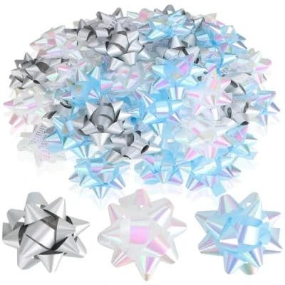 Afbeelding van Wilhelm Sell® 60x zelfklevende geschenkstrikken 5 x 2 cm kleurrijke strikken voor geschenken decoratieve kant en klare Kerstmis, verjaardagen bruiloften (blauw/wit/grijs)