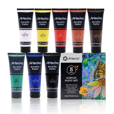 Afbeelding van Artecho Acrylverfset, 8 kleuren, 120 ml, voor hout, stof, handwerk, canvas, leer en steen, acrylverf om te schilderen, geschikt beginners professionele schilders