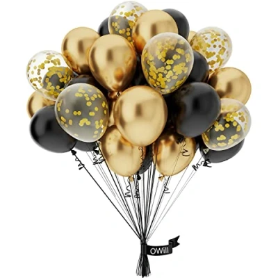 Afbeelding van ballonnen zwart gouden confetti, 50 stuks 25 cm latex goud, voor verjaardag, bruiloft, jubileum, feestdecoraties